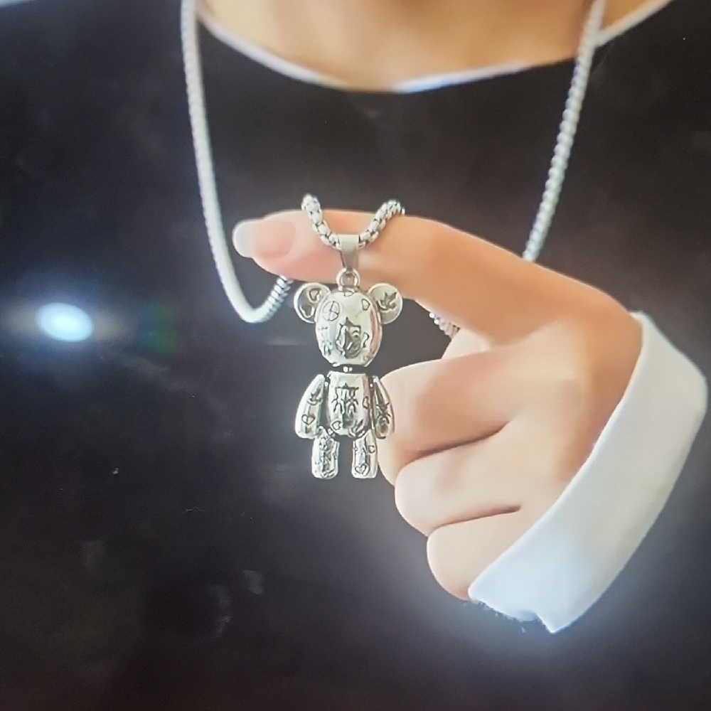 Stainless Steel Graffiti Bear Pendant Necklace - Picture 4 of 7